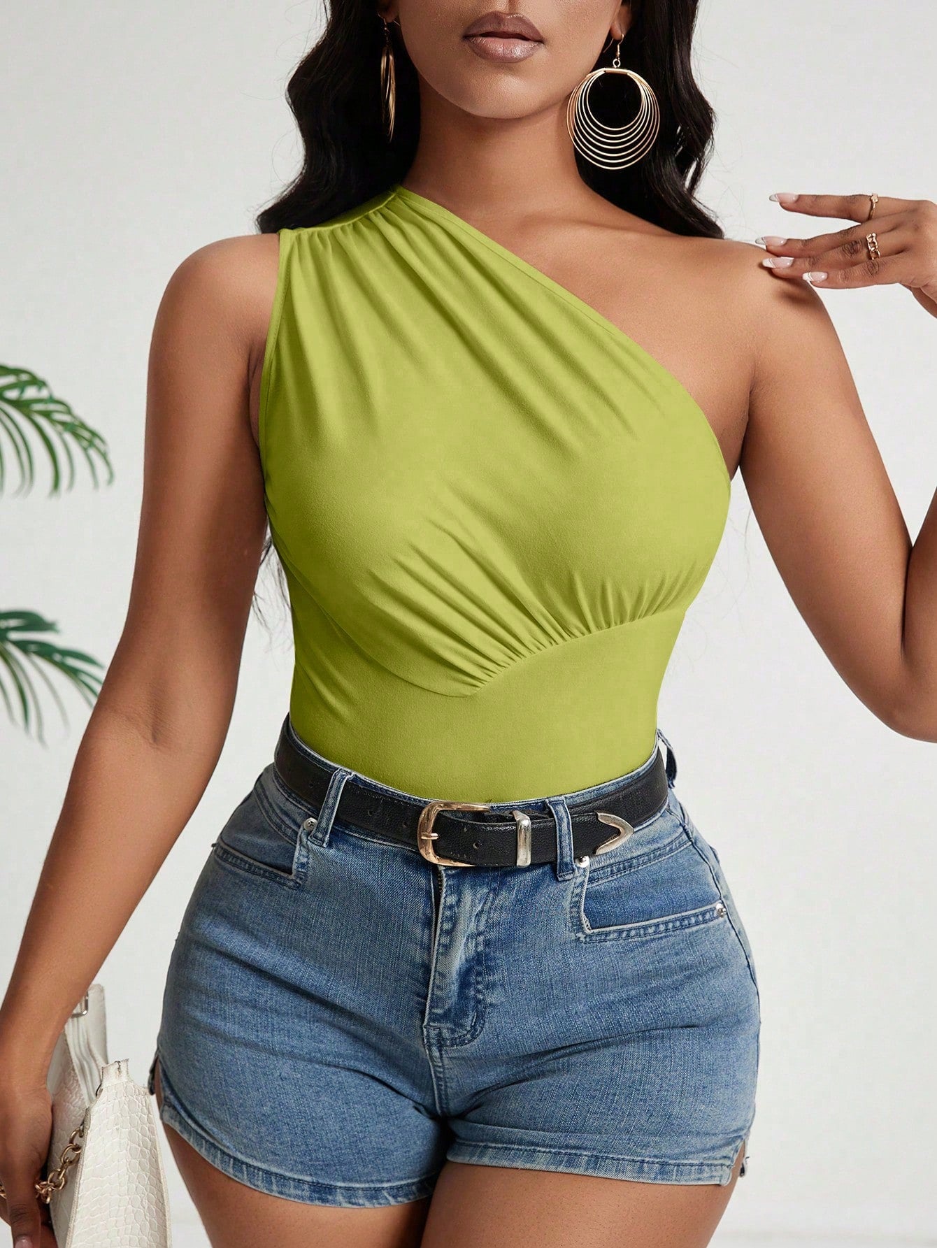 Solid Color Pleated One Shoulder Fitted Summer Top