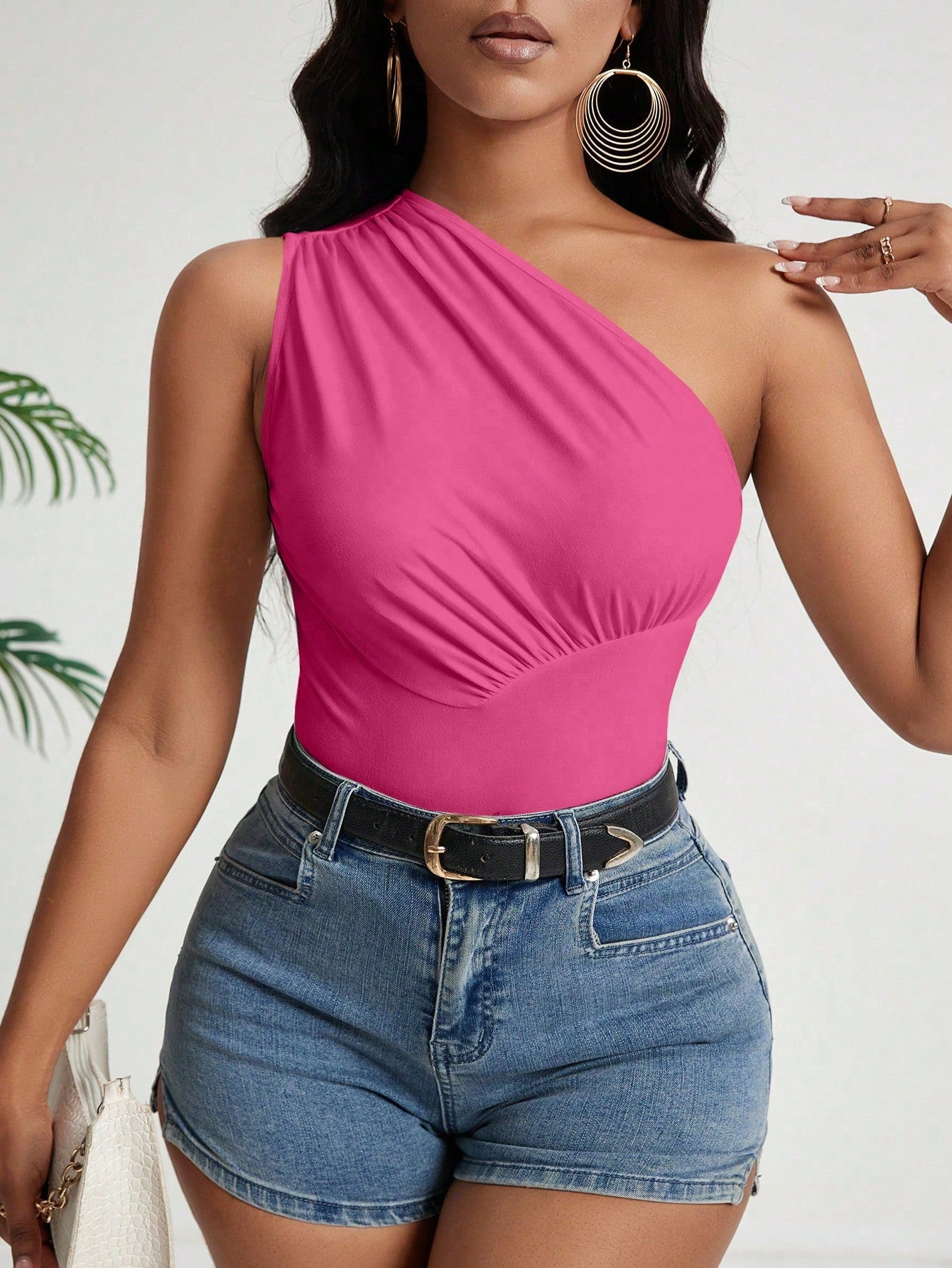 Solid Color Pleated One Shoulder Fitted Summer Top