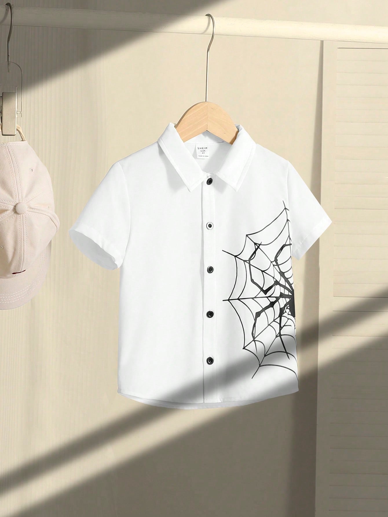 Young Boy Joint Leisure Turn-Down Collar Spider Pattern Short-Sleeved Simple Shirt