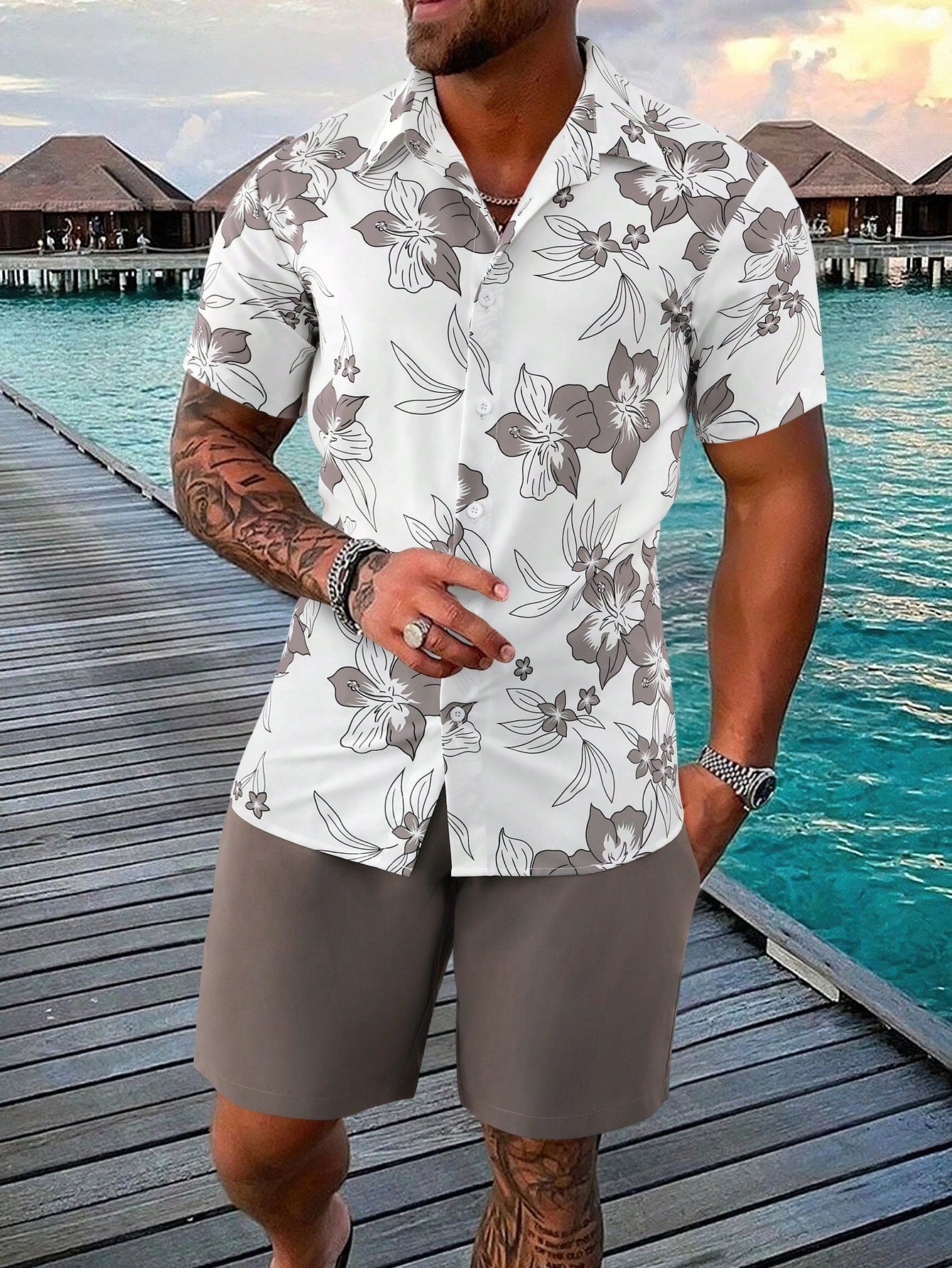 Men Floral Print Shirt & Drawstring Waist Shorts Without Tee