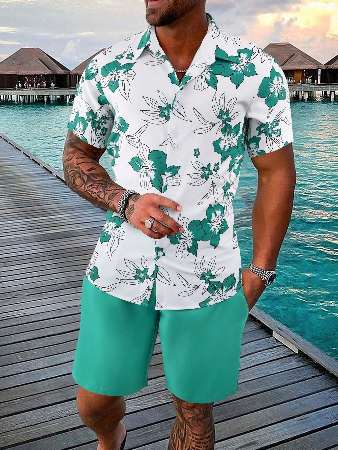 Men Floral Print Shirt & Drawstring Waist Shorts Without Tee