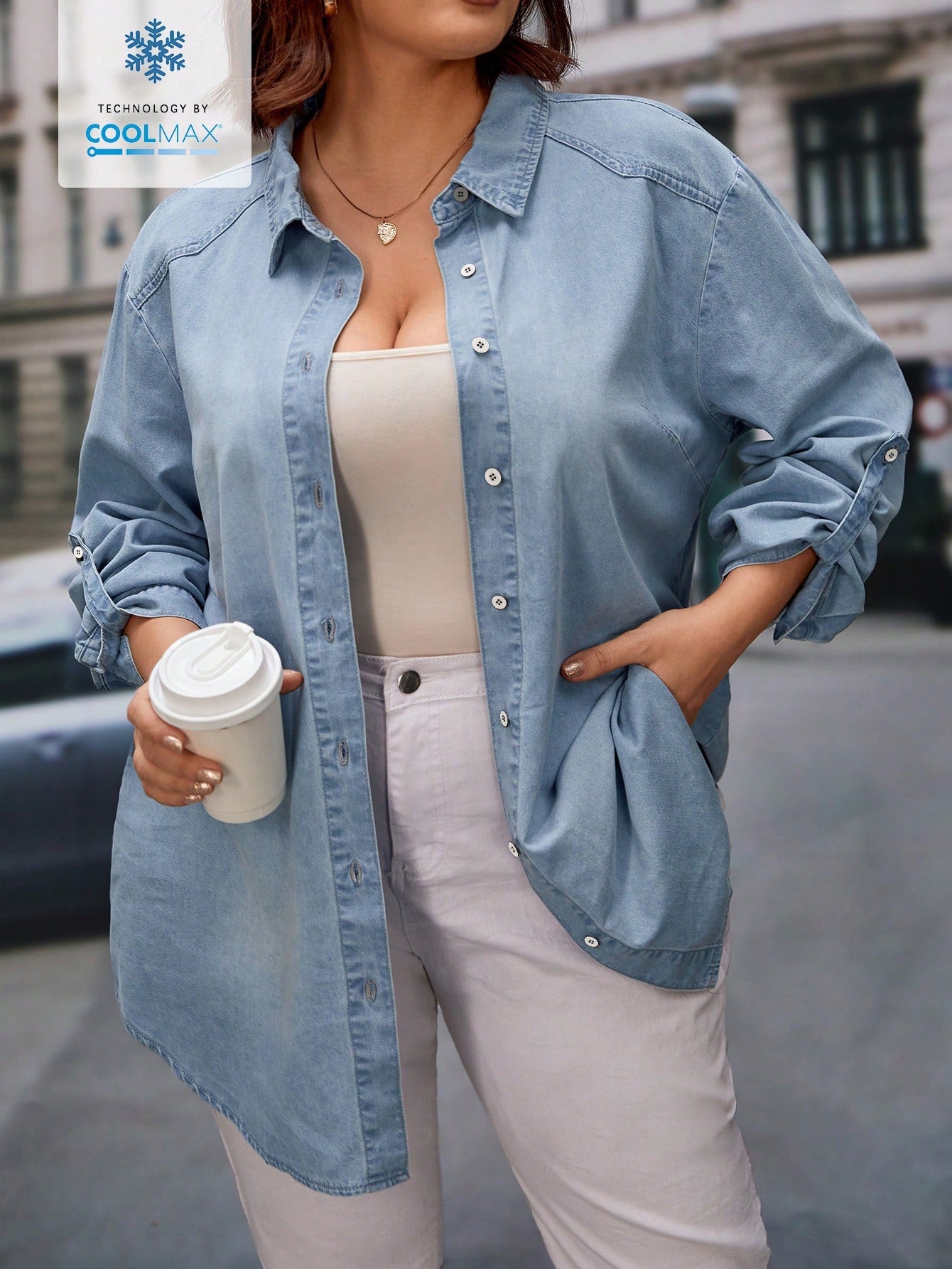 Plus Size Solid Color Denim Shirt With Front Buttons And Lapel Collar