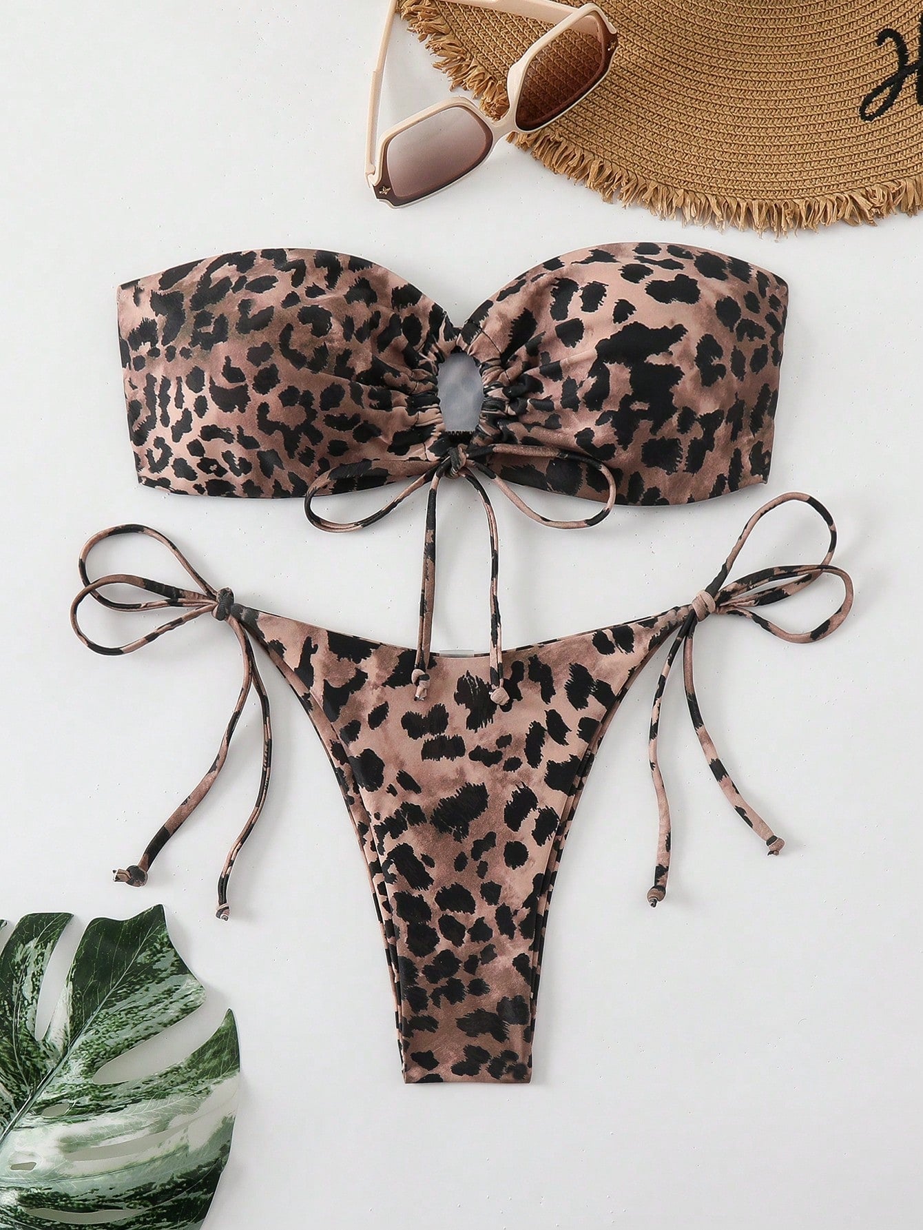 Swim Women's Animal Print Splice Bandeau Bikini Set, Printed Design Random, Strapless Bikini Set Bathing Suit Beach Outfit Summer Vacation,Summer Beach