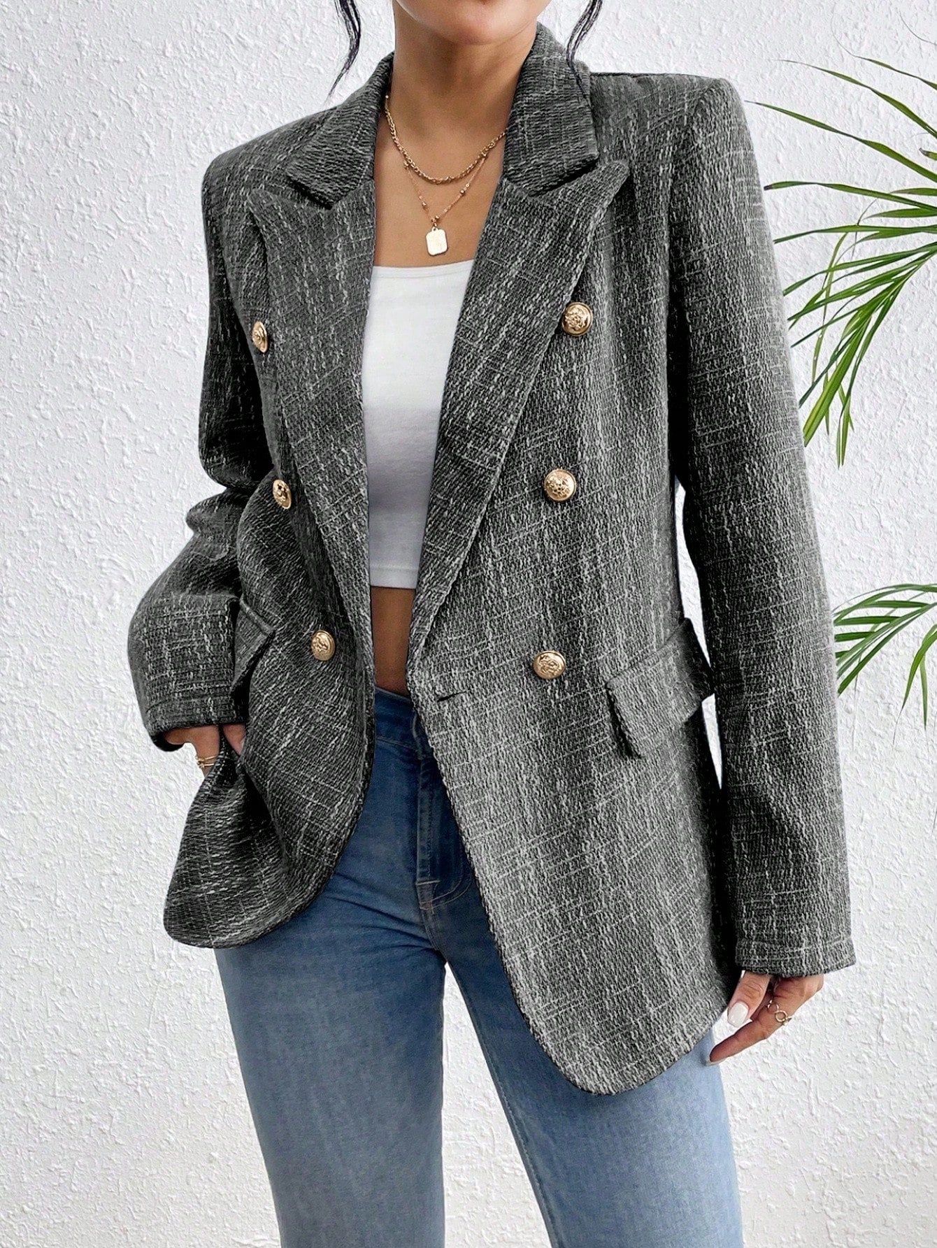 Lapel Neck Double Breasted Tweed Blazer