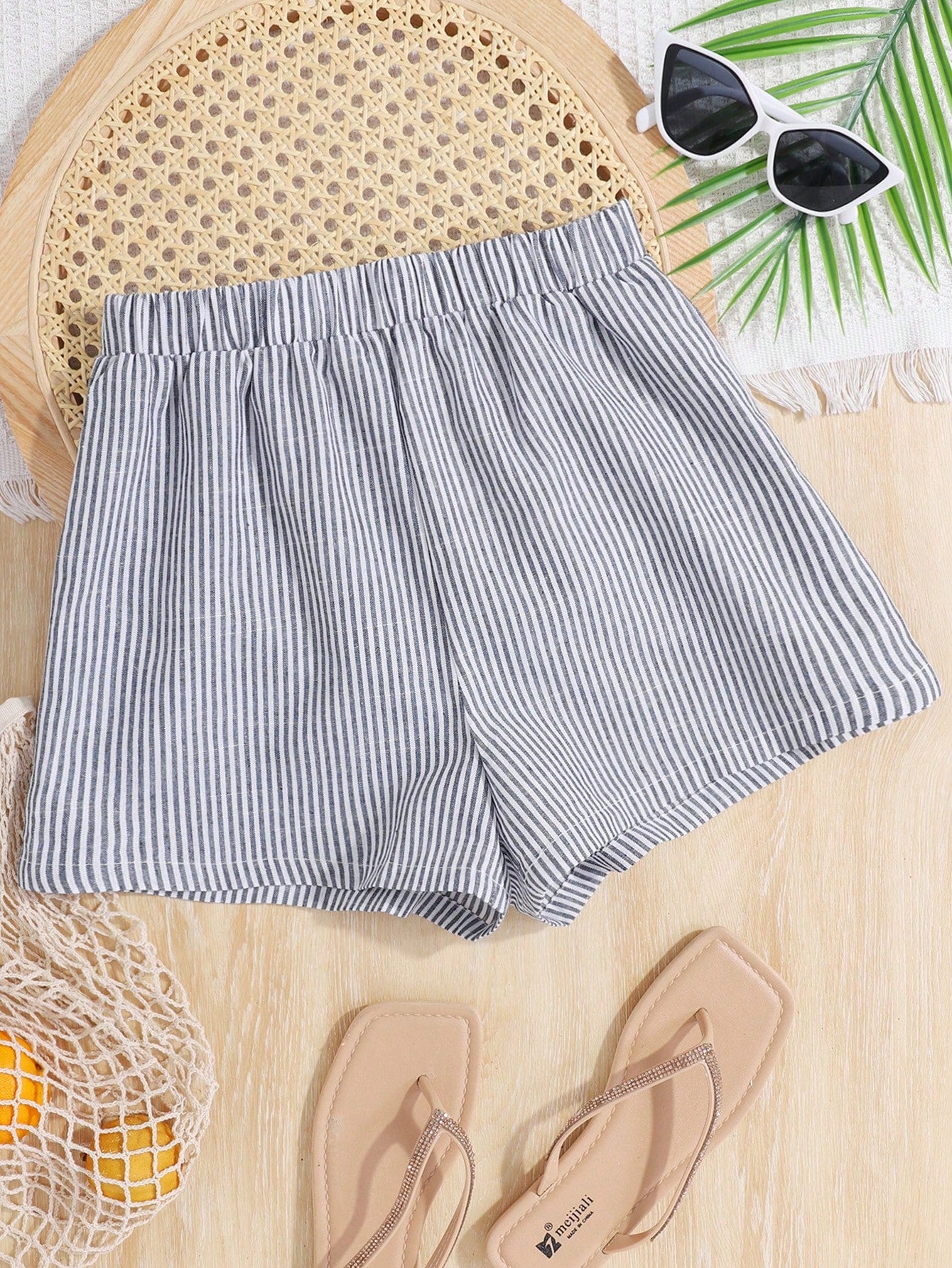 Teen Girls' Woven Striped Casual Shorts With Slanted Pockets