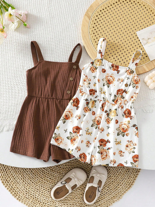 Young Girl Woven Solid Color Square Neck Spaghetti Strap Romper And Woven Floral Square Neck Spaghetti Strap Romper Two-Piece Set