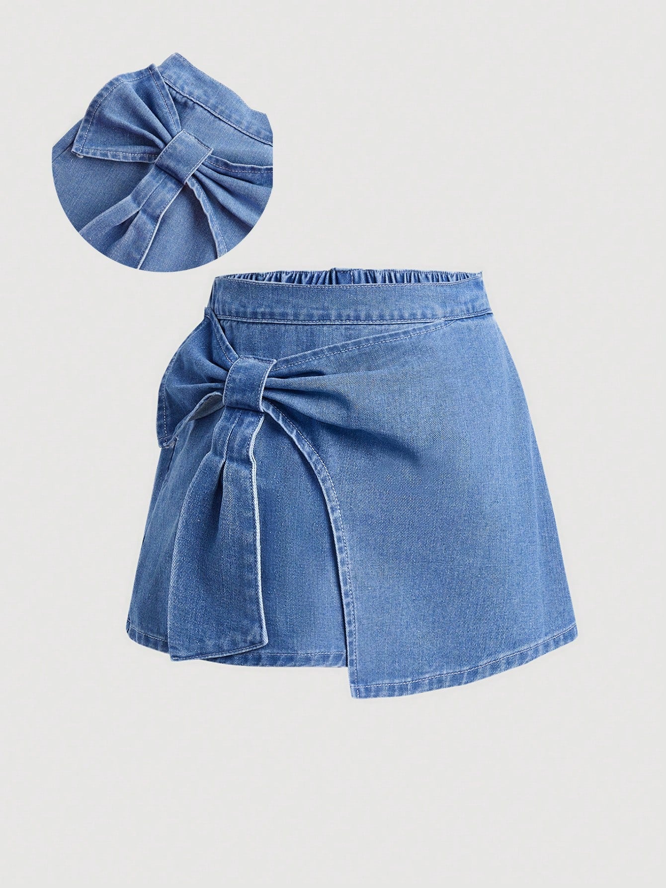 Tween Girls' Summer Trendy Blue Washed High Waisted Denim Mini Skirt With Cute Bowknot Decoration,Girls Summer Skirt Outfits