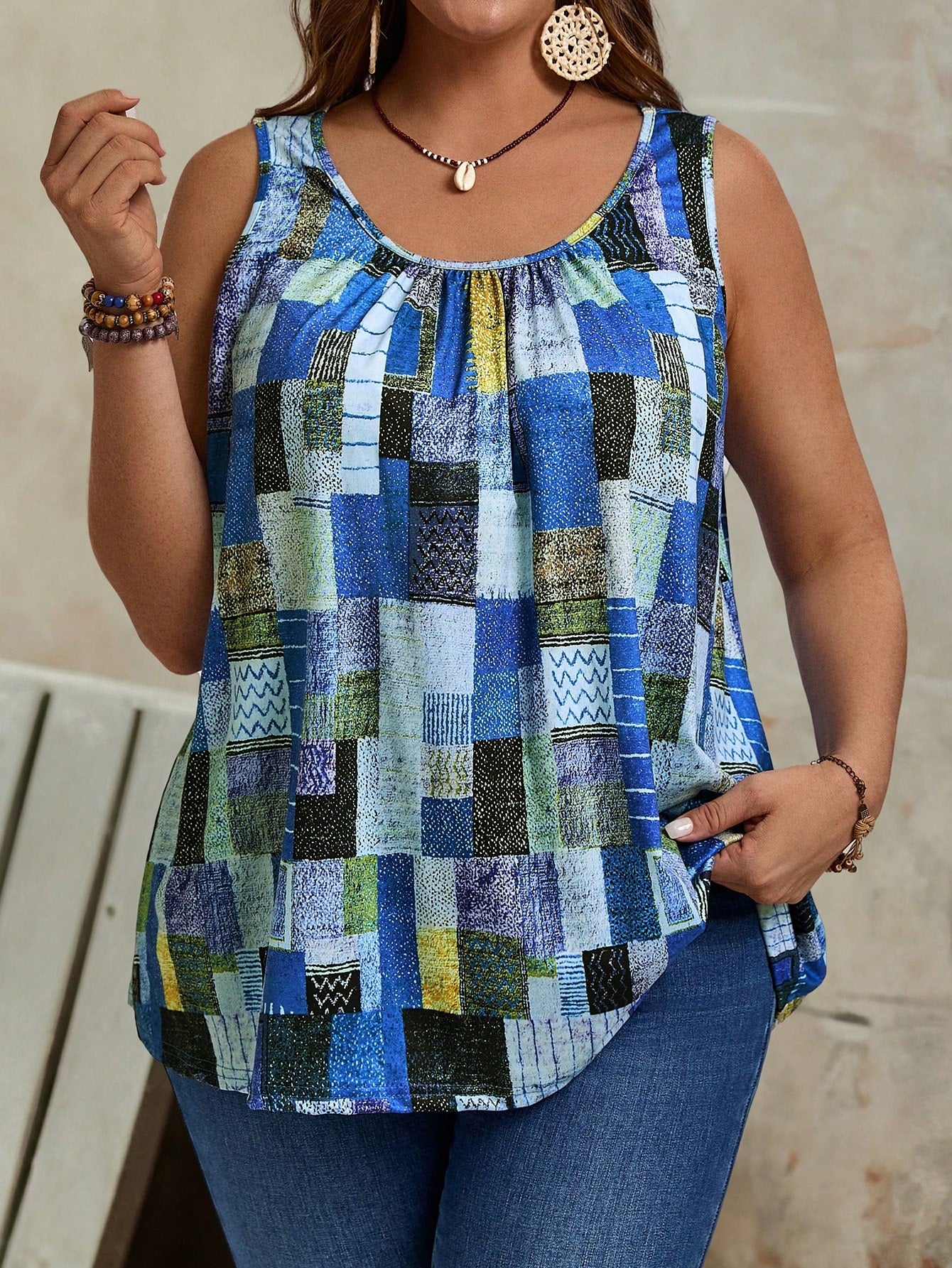 Plus Size Summer Casual Patchwork Printed Pleated Loose Fit Tank Top With Round Neckline