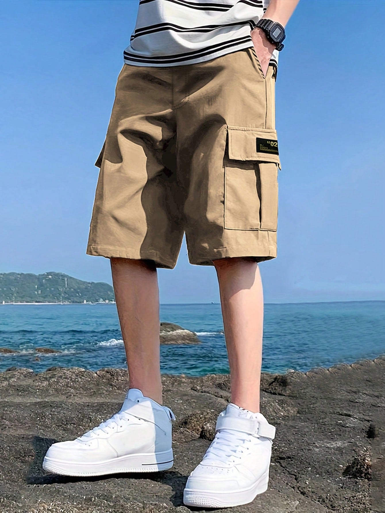 1pc Tween Boy Casual Sports Outdoor Pocket Fashion English Letter Heat Transfer Patch Cargo Shorts, Spring And Autumn