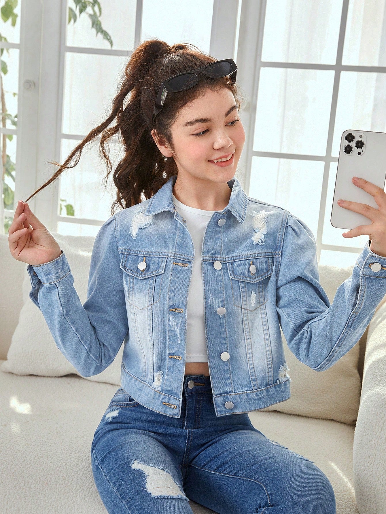 Teen Girls Ripped Flap Pocket Denim Jacket