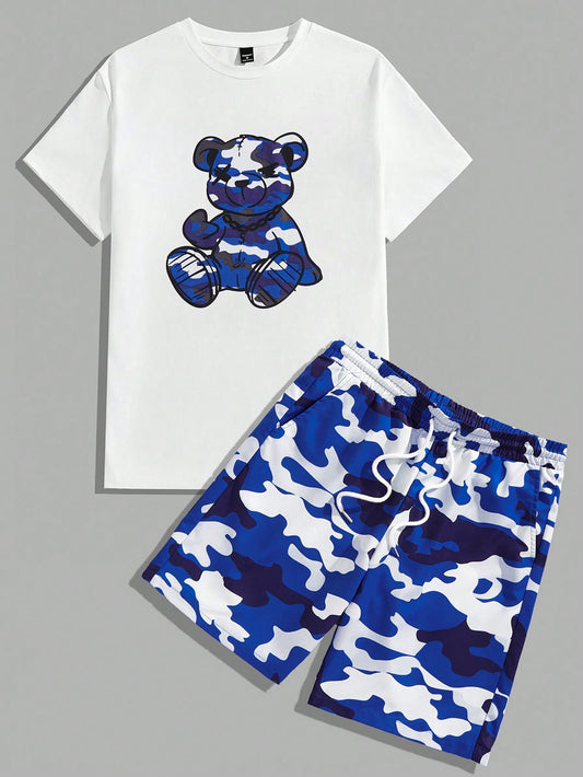 Men's Camouflage Bear Printed Short Sleeve Anime T-Shirt And Shorts Set