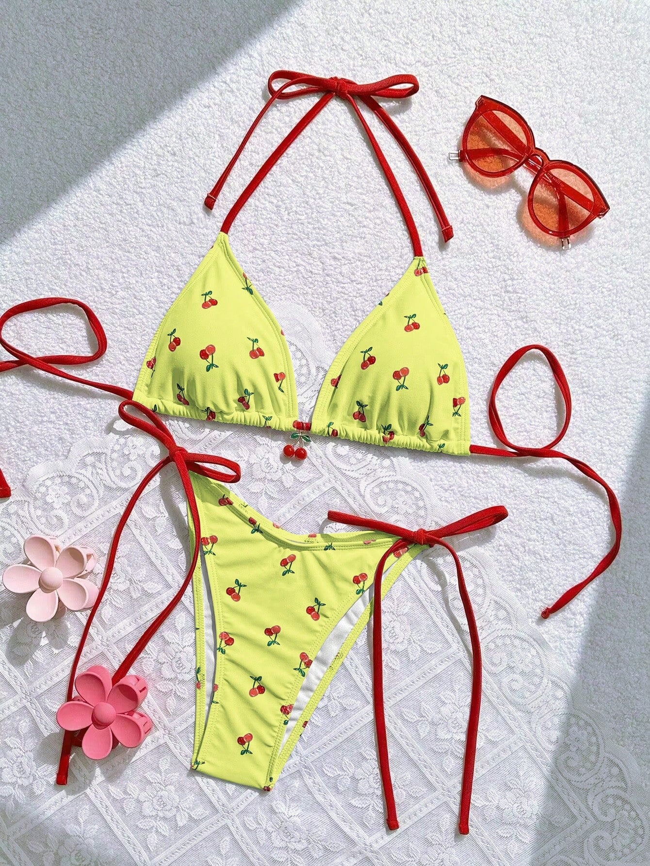 Swim Women's Summer Beach Cherry Print Halter Neck Tie Sexy Bikini Set