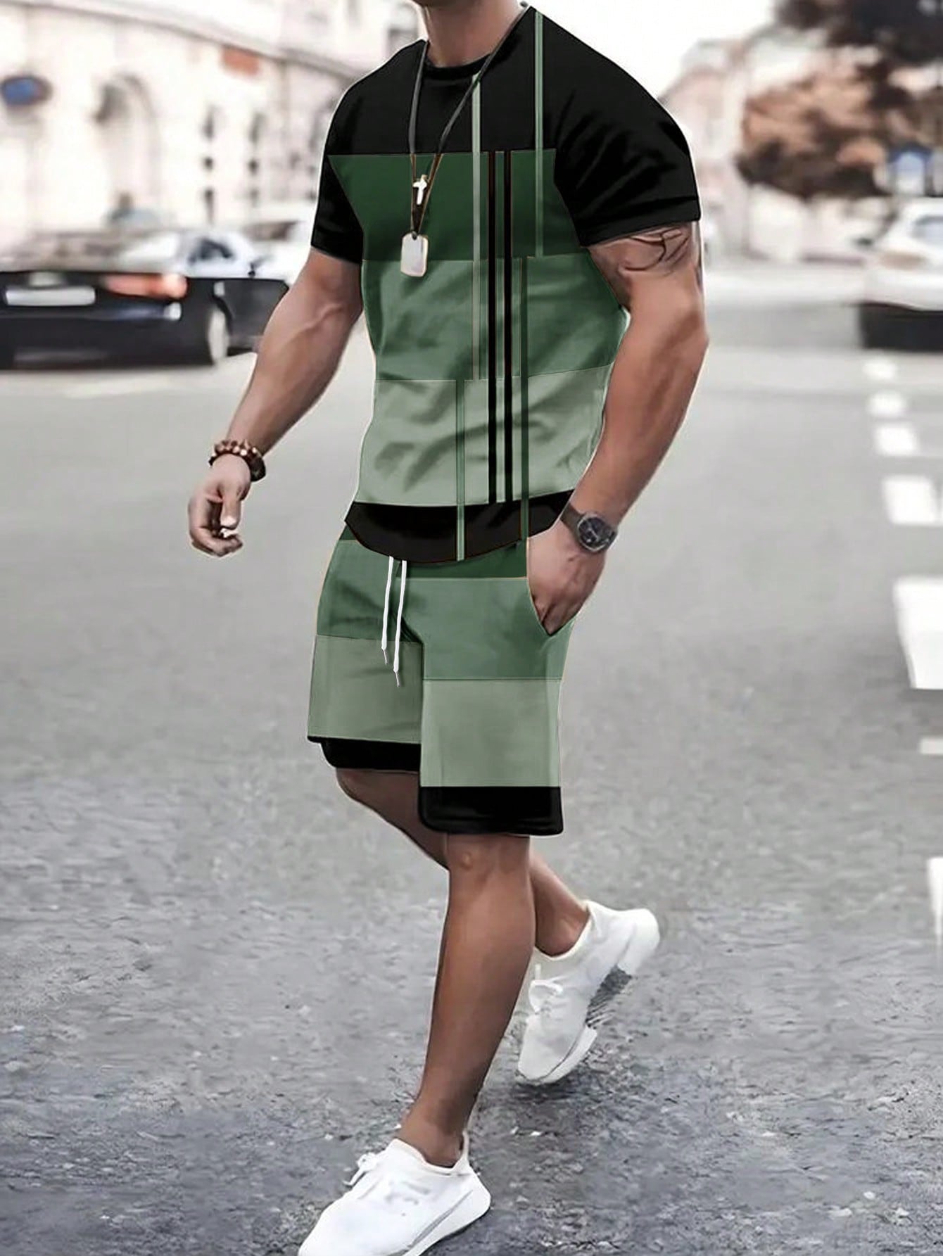 Men's Color Block Round Neck Short Sleeve Casual T-Shirt And Drawstring Waist Shorts Set, Summer