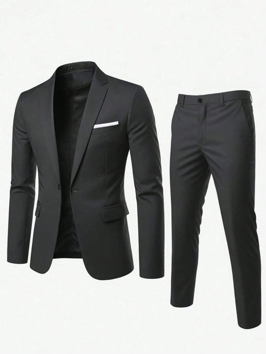 Men's Solid Color Concise Suit Jacket And Pants Set