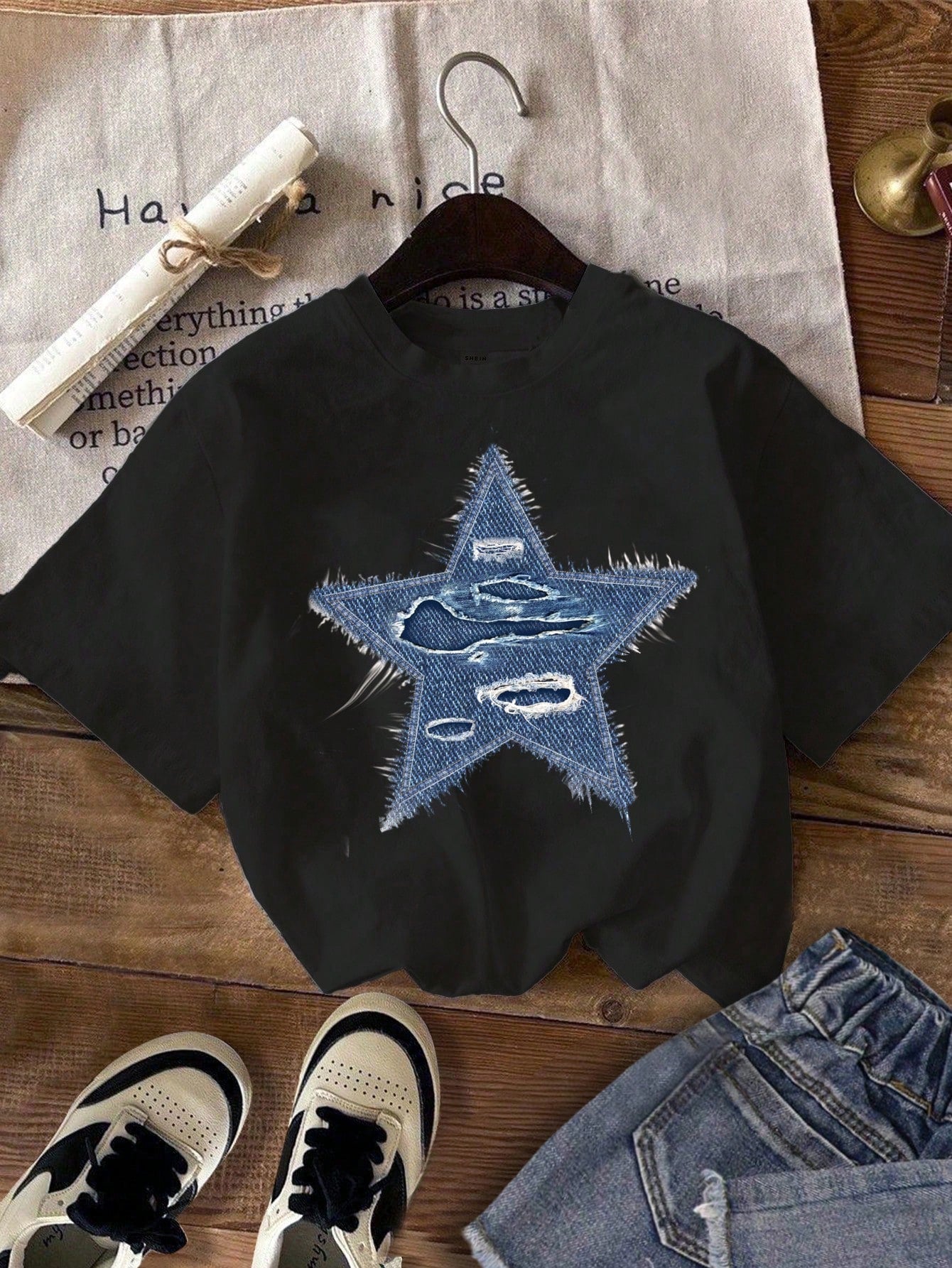 Tween Girl Casual Simple Star Printed T-Shirt, Summer