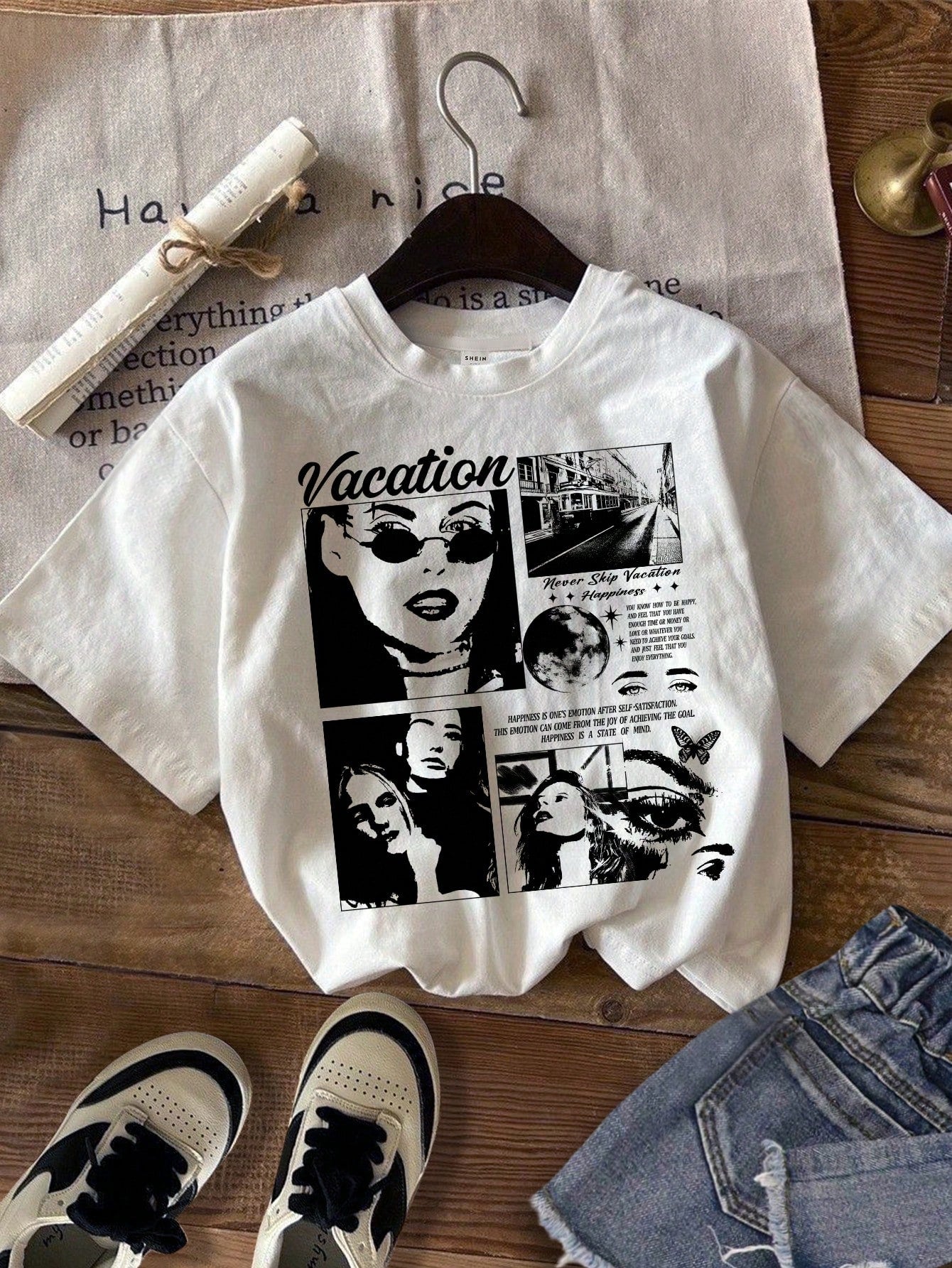 Tween Girl Casual Short Sleeve T-Shirt With Simple Black And White Portrait Design, Suitable For Summer