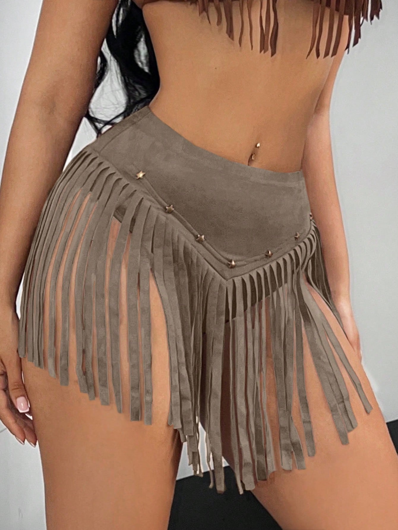 Women Western Music Festival Chamois Low Rise Rivet Tassel Mini Skirt