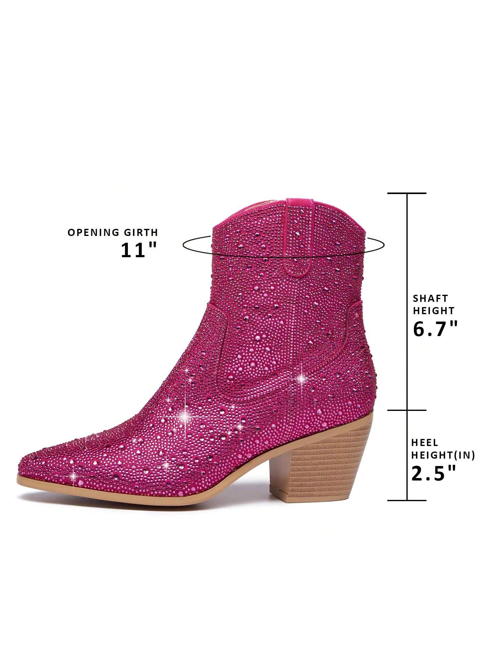 Rhinestone Ankle Cowboy Boots Cowgirl Boots Sparkly Booties For Women Pointed Toe Side Zipper Western Glitter Stacked Chunky Heel For Party Wedding Girls Graduation Prom Shows Casual