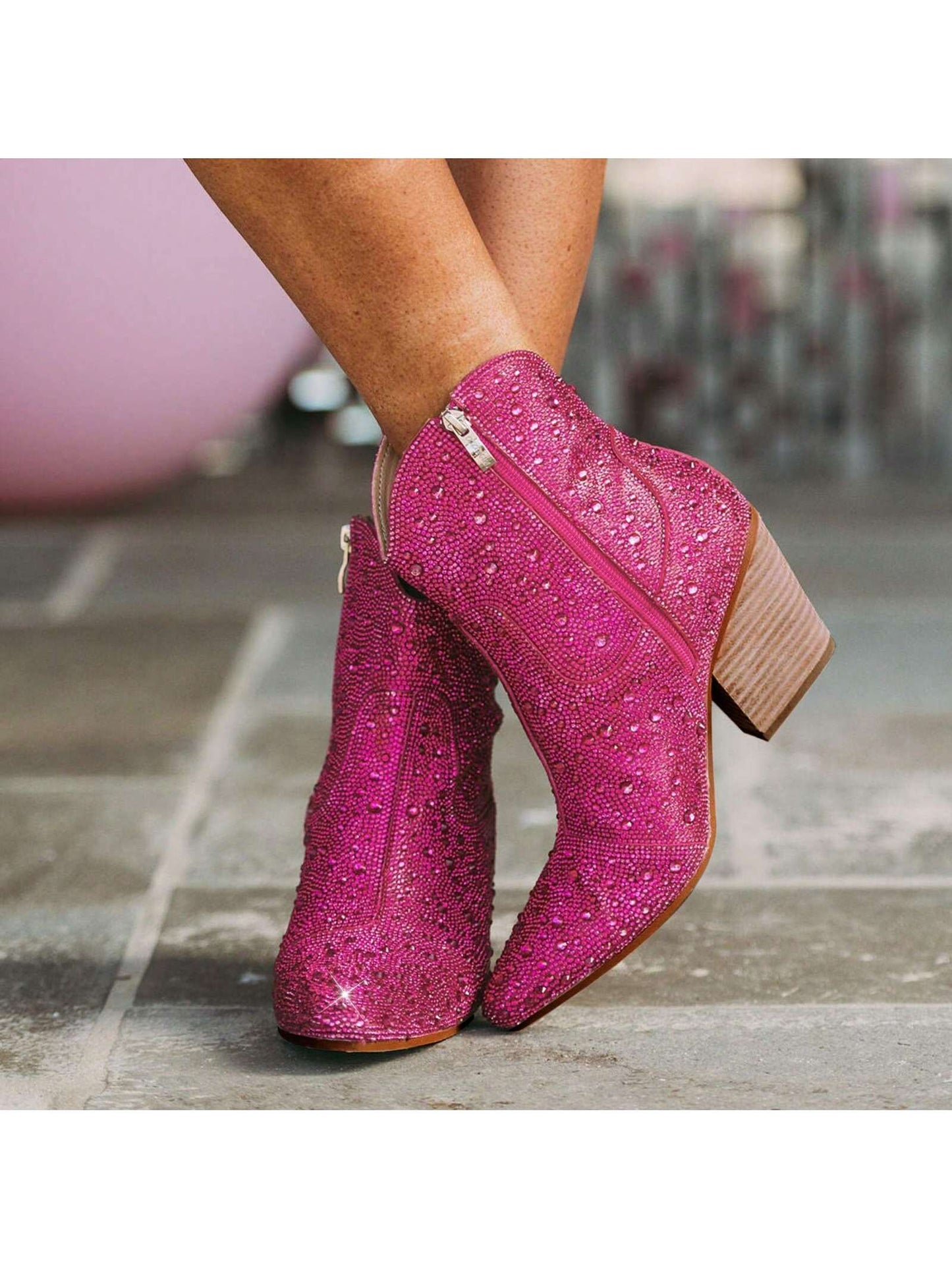 Rhinestone Ankle Cowboy Boots Cowgirl Boots Sparkly Booties For Women Pointed Toe Side Zipper Western Glitter Stacked Chunky Heel For Party Wedding Girls Graduation Prom Shows Casual