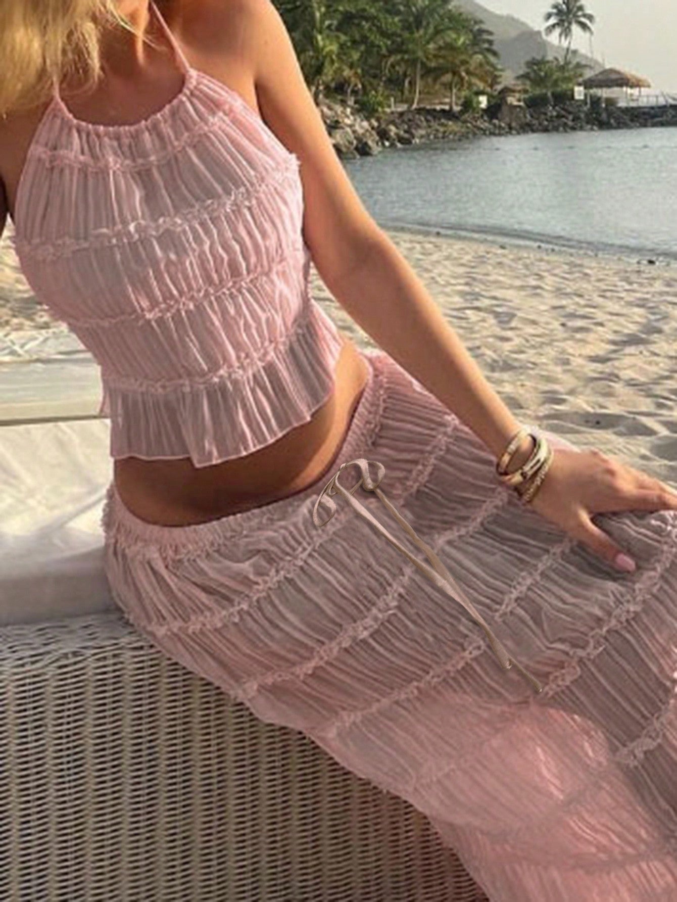 Apricot Chiffon Multi-Layered Pleated Lace Trim Halter Backless Vacation Maxi Dress Set