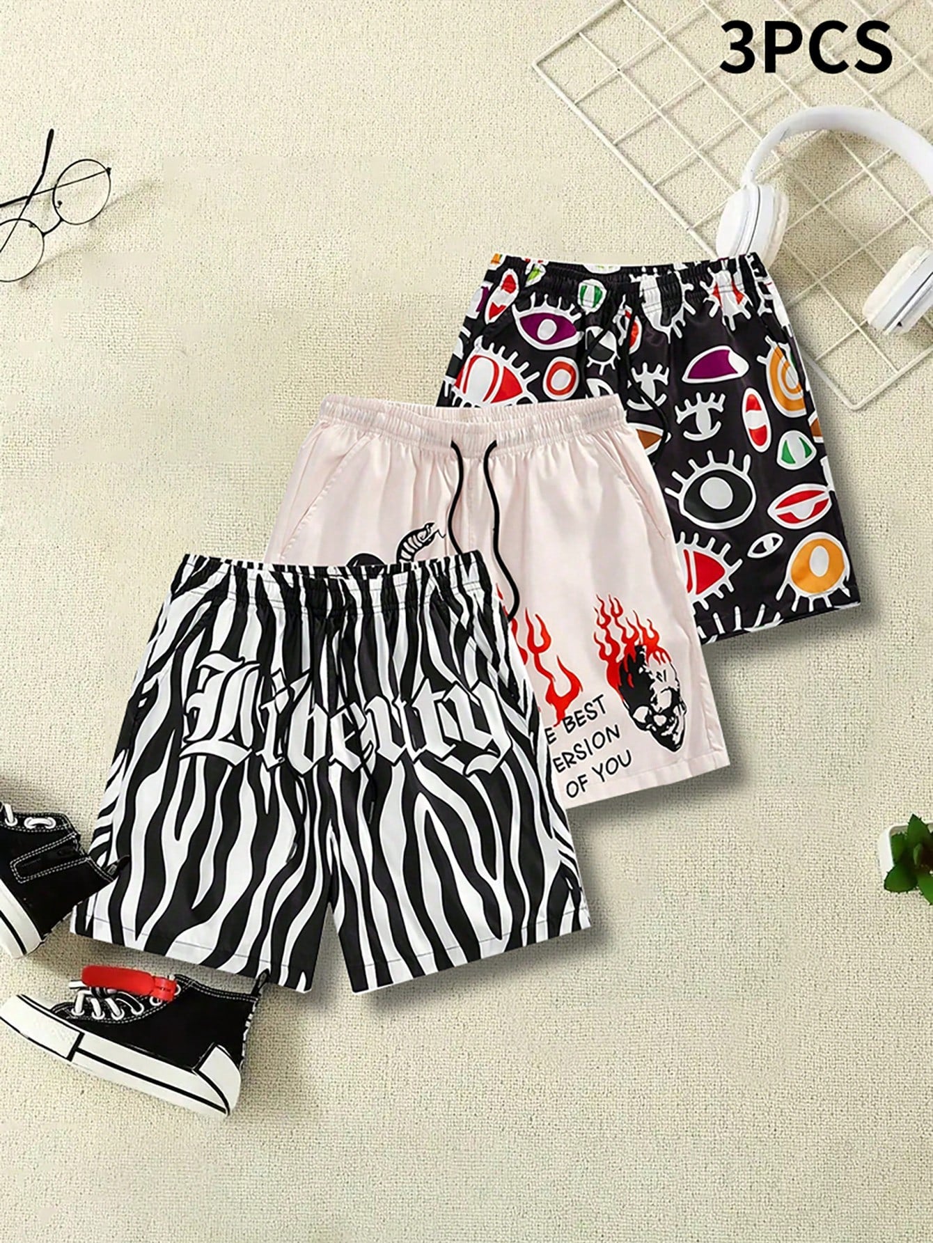 2pcs/Set Tween Boys' Summer Fashionable Drawstring College Style Printed Shorts For Casual And Commuting