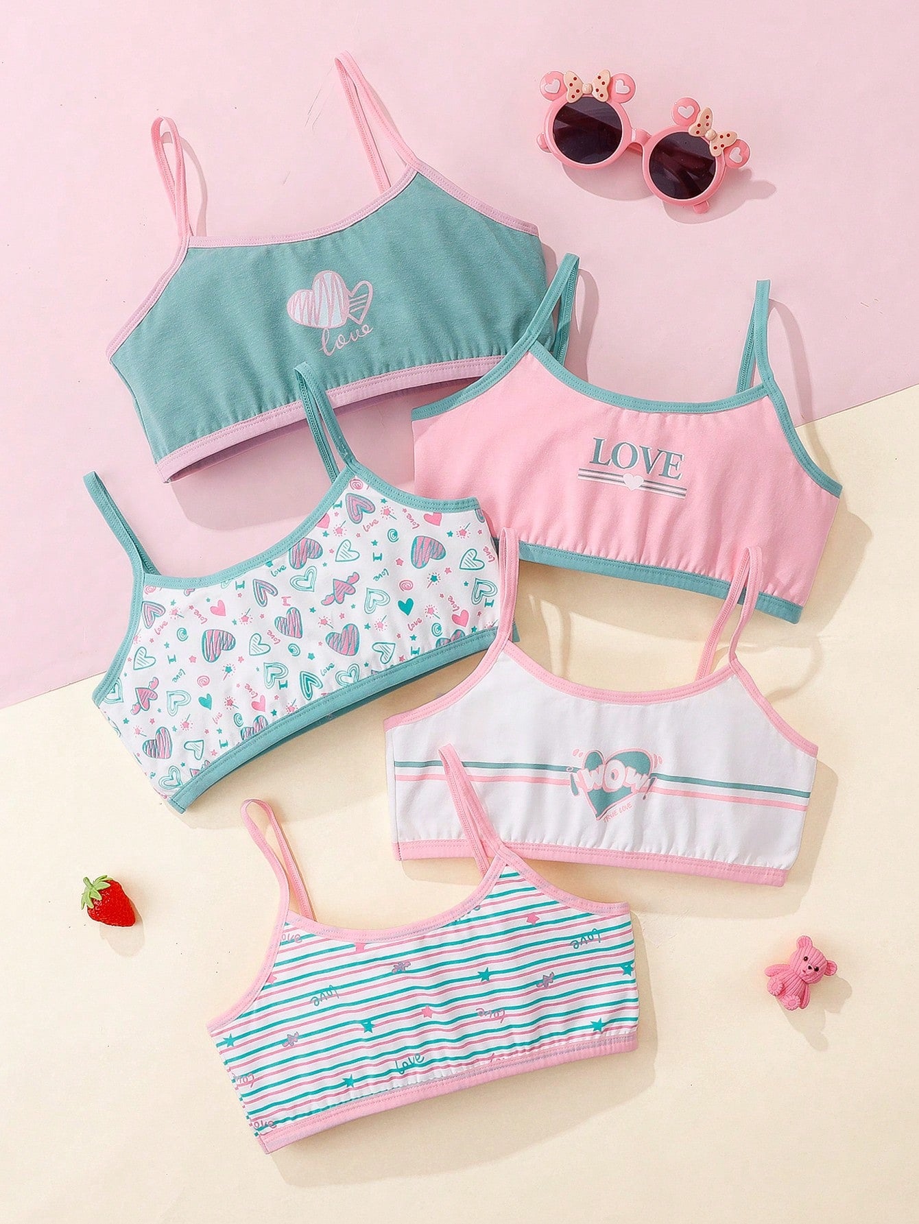 Tween Girl 5pcs Striped & Heart Print Contrast Binding Bra