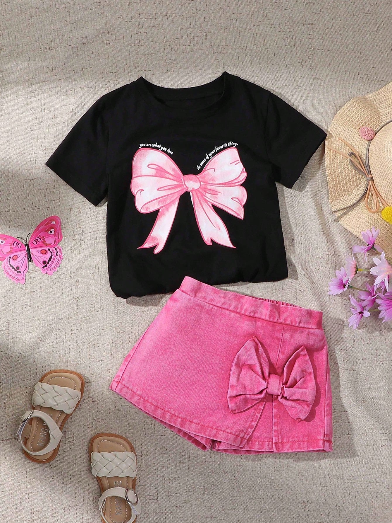 Young Girl Lovely Sweet Style Pink T-Shirt With Bowknot & Black Loose Comfortable Soft Top, Plus 2 In 1 Denim Skirt With Pink Bowknot, Heavy Washed, 2pcs/Set