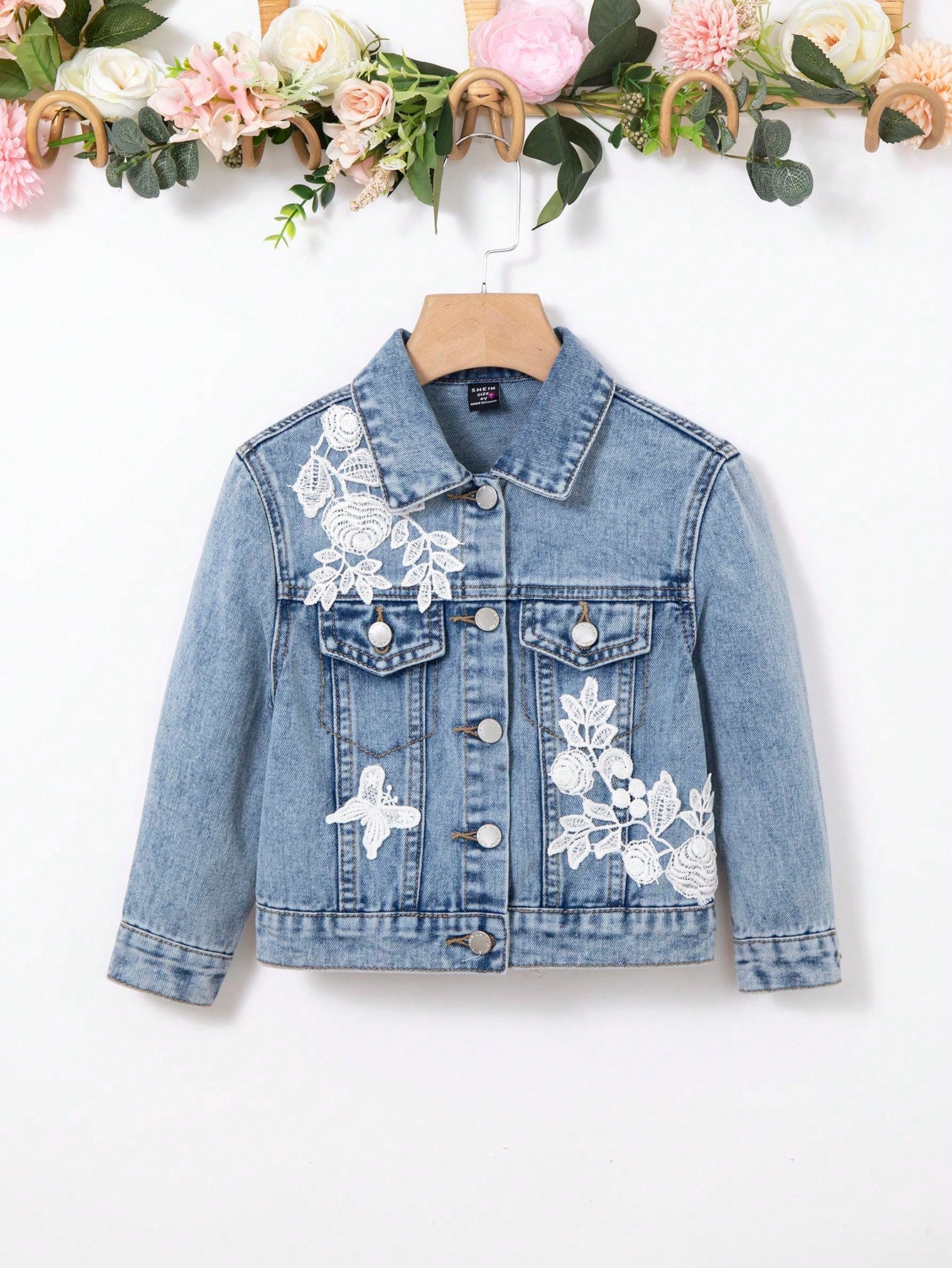 Girls' White Lace Butterfly & Flower Decorated Blue Cute Denim Jacket,,Kids Summer Boho Thin Break Clothes Outfits