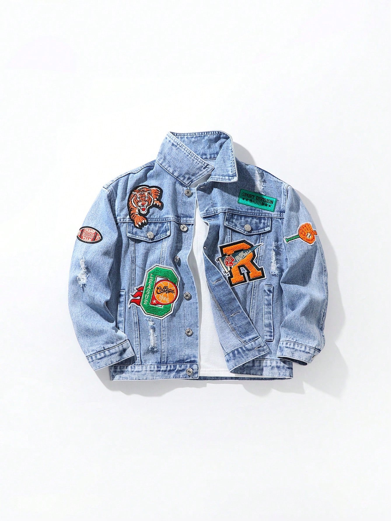 Teenage Boys' Vintage Street Cool Animal Embroidery Ragged Ripped Hole Sporty Light Wash Denim Jacket Coat