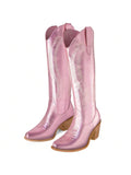 Cowboy Boots For Women Knee High Wide Calf Cowgirl Boots Embroidered Chunky Heels Pointed Toe Long Tall Western Boot Fashion Retro Classic Pull On Tall Boot For Girls Ladies Fall Winter Fashion Outdoor Shoes