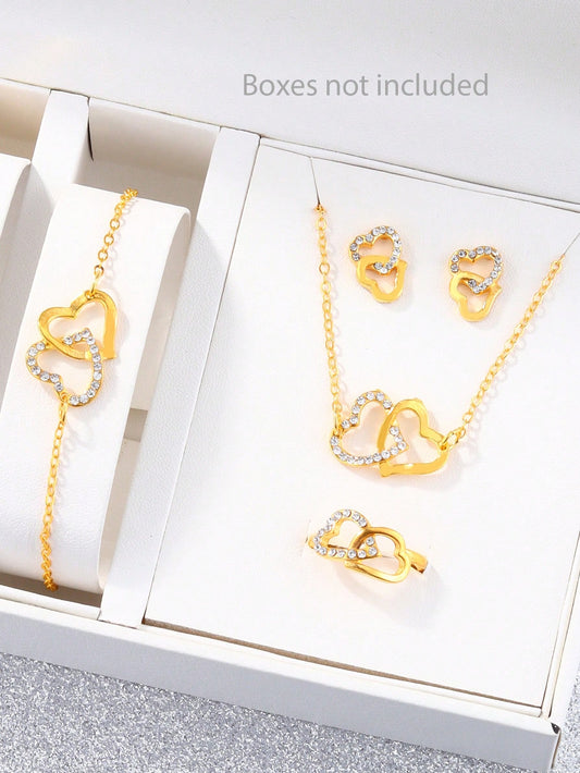 5pcs/Set Girls' Necklace, Bracelet, Ring And Earrings Set With Heart-Shaped Rhinestones