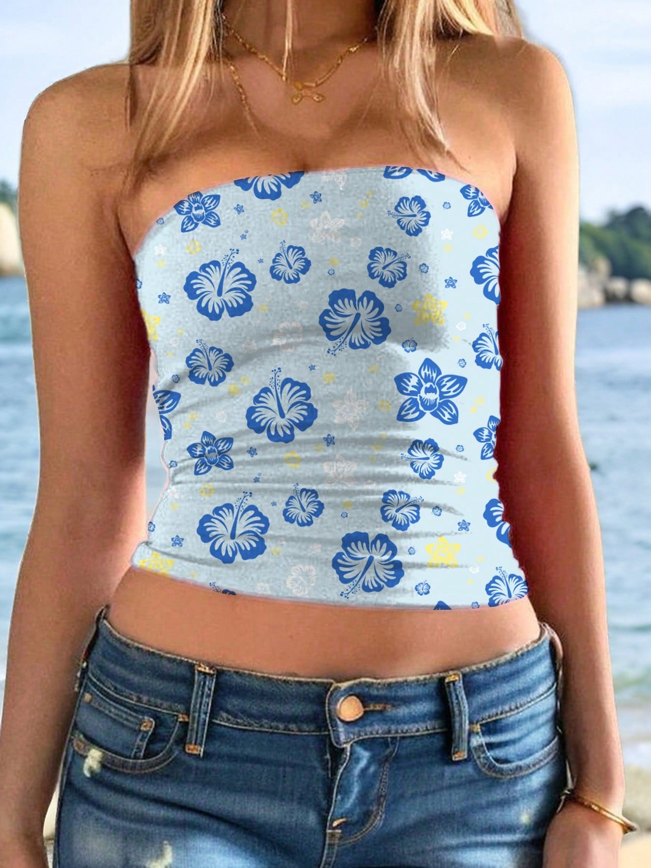 Women's Pink Flower Printed White Casual Tube Top, Summer