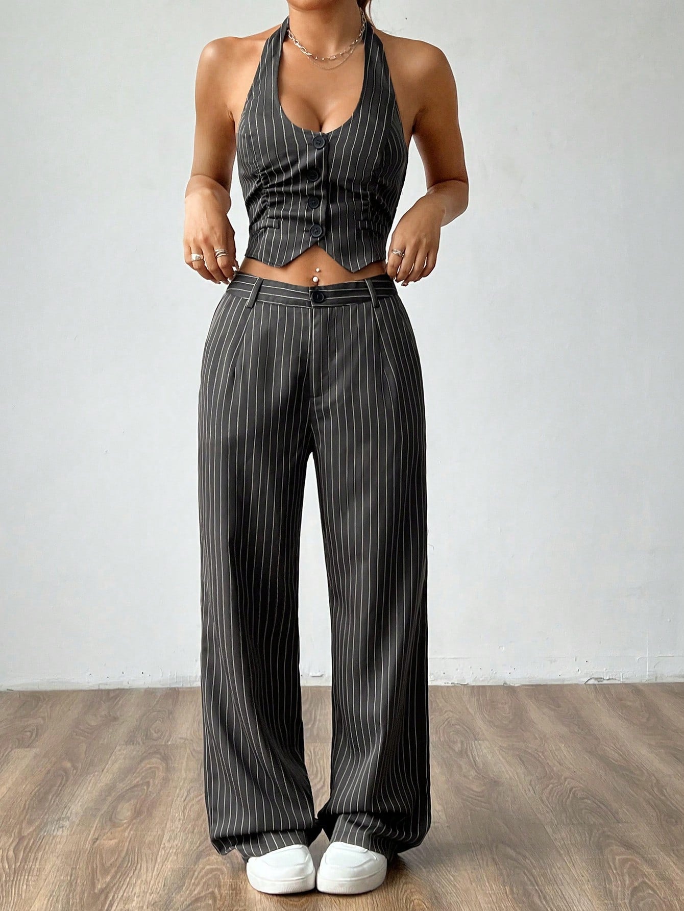 Spring Summer Casual Color Block Striped Halter Top Straight Leg Pants Suit