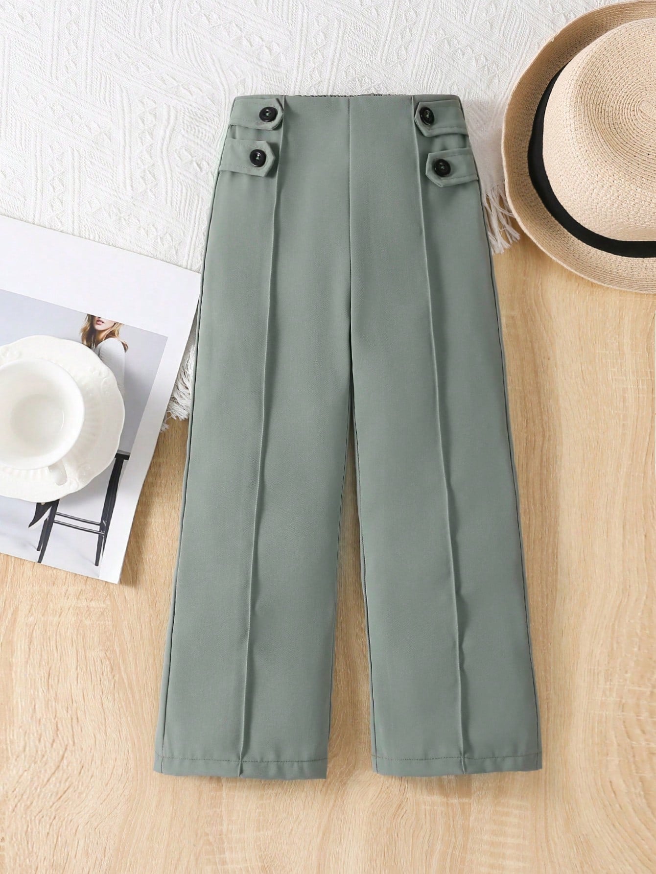 Young Girl Solid Color Button Closure Straight Leg Pants