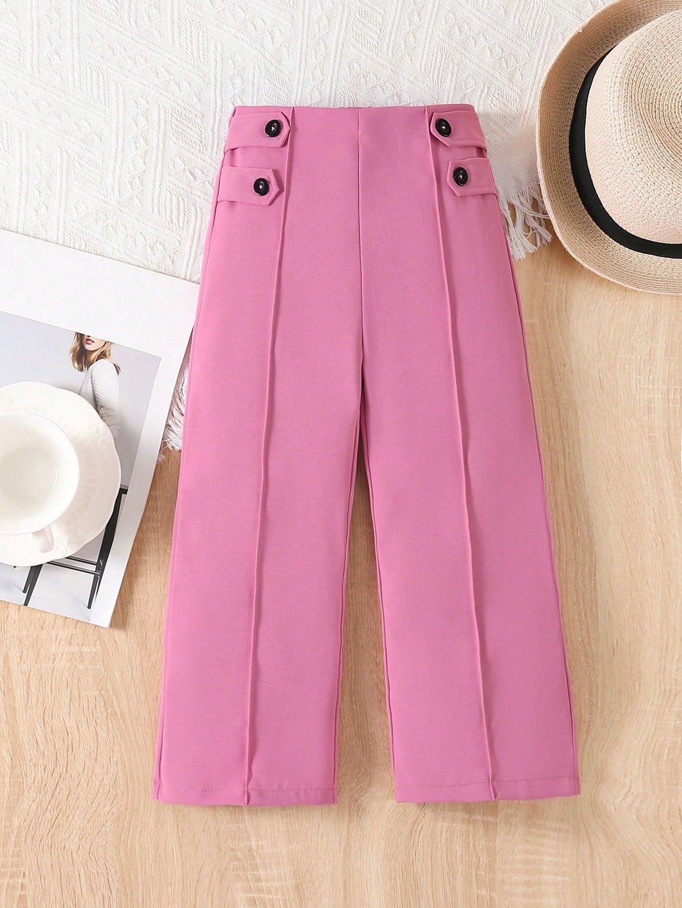 Young Girl Solid Color Button Closure Straight Leg Pants