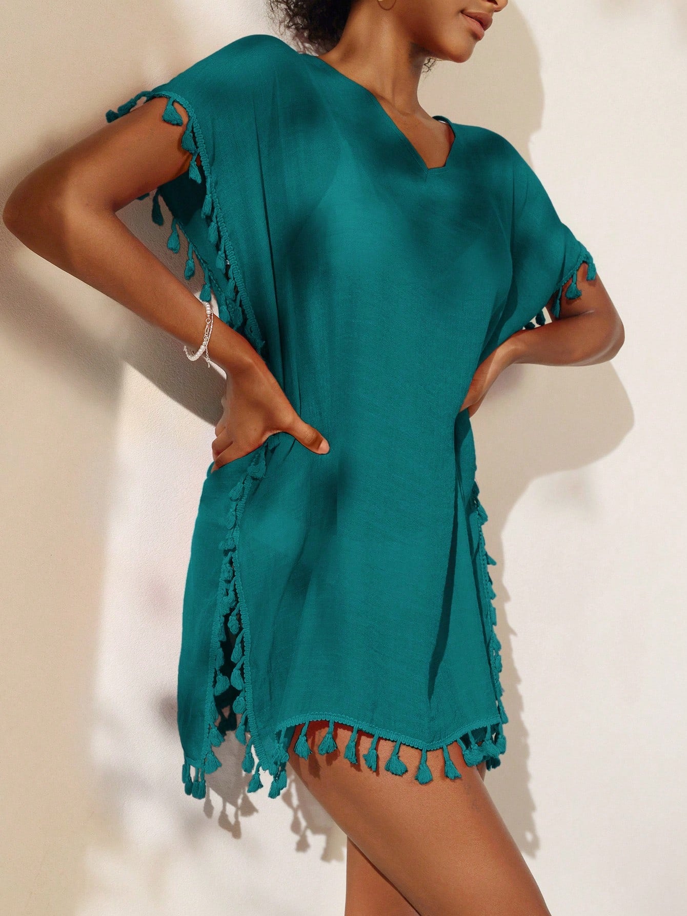 Swim Summer Beach Women Cover-Up Dress With Tassel Decoration, Solid Color, Batwing Sleeves And Side Slits