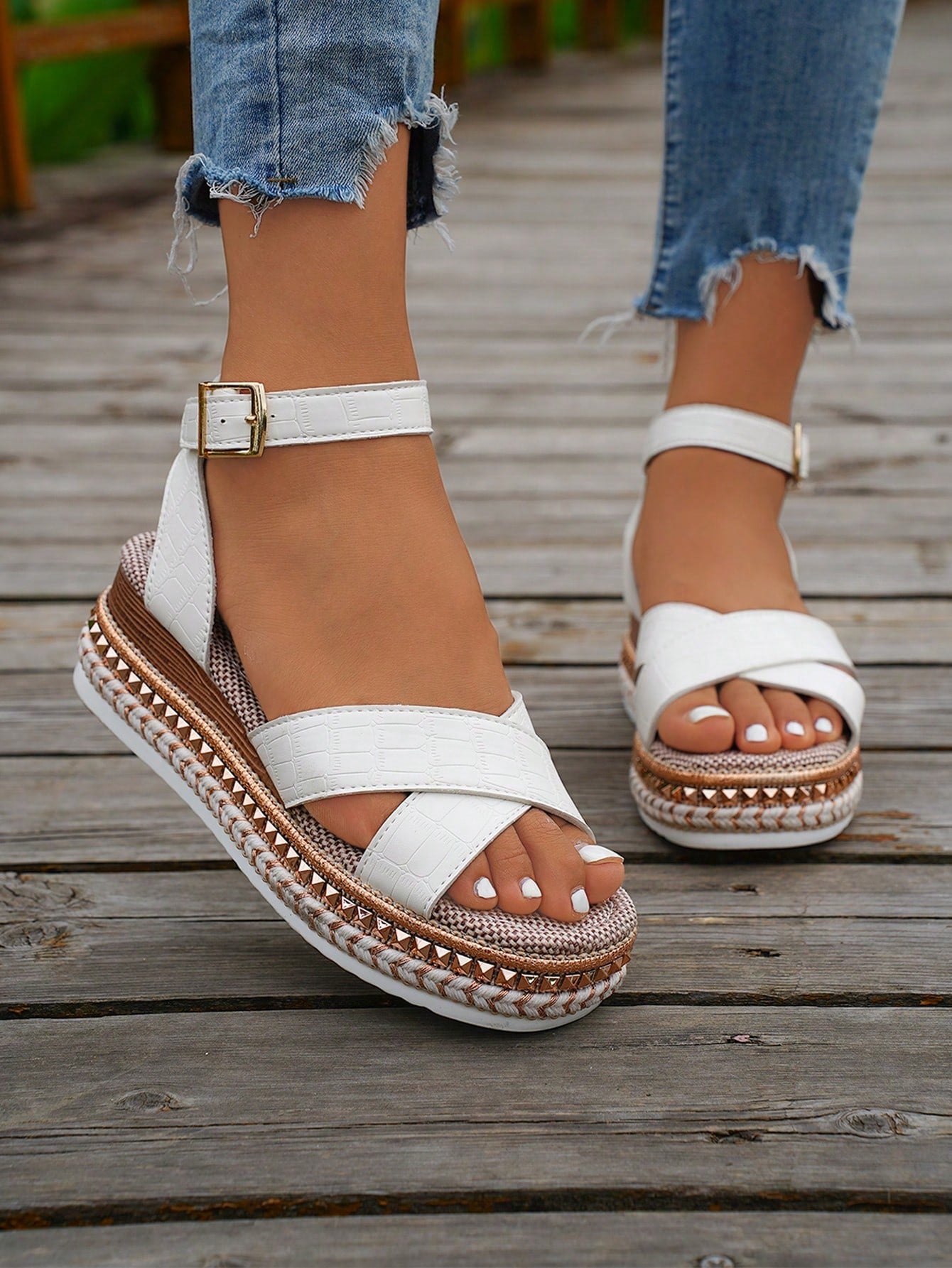 Women's Platform Wedge Sandals (Run Small 1 Size), Round Toe Rivets, Simple T-Strap, Straw Rope Chunky Sandals, Beige, Large Size