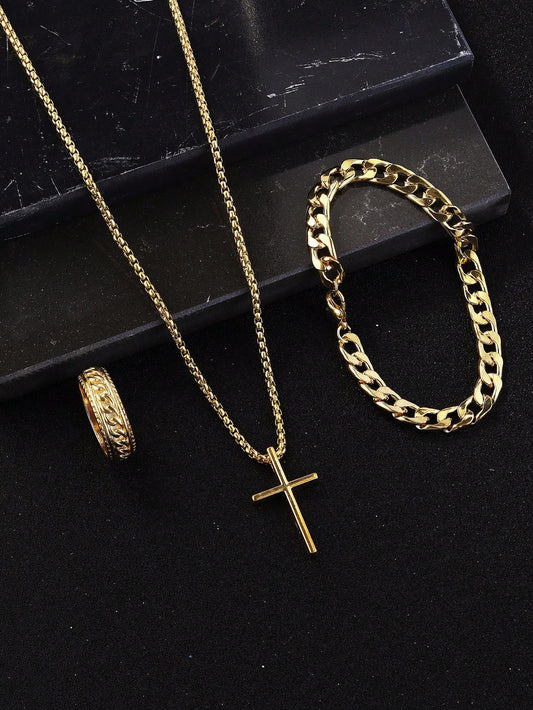 Boys' Sports Cross Pendant Necklace,  Ring, Hollow Chain Bracelet 3pcs/Set