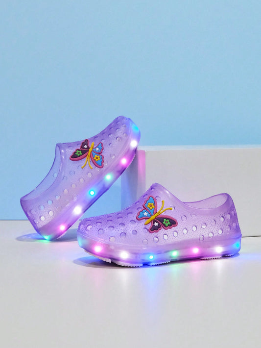 1pair Girls' Purple Breathable Hollow Out Shoes With LED Lights, Waterproof And Non-Slip Jelly Sandals For Boys And Girls