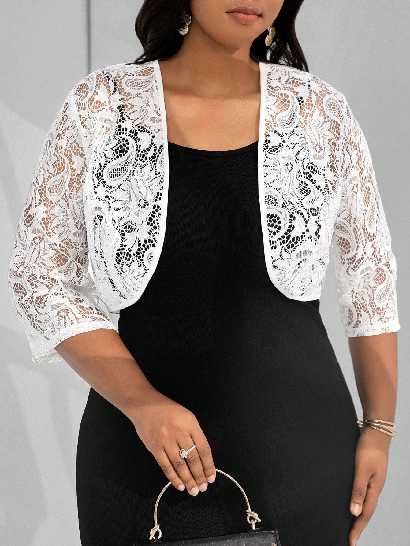 Lady Plus Size Women's Elegant White Lace Medium Sleeve Top For Commuting And Going Out