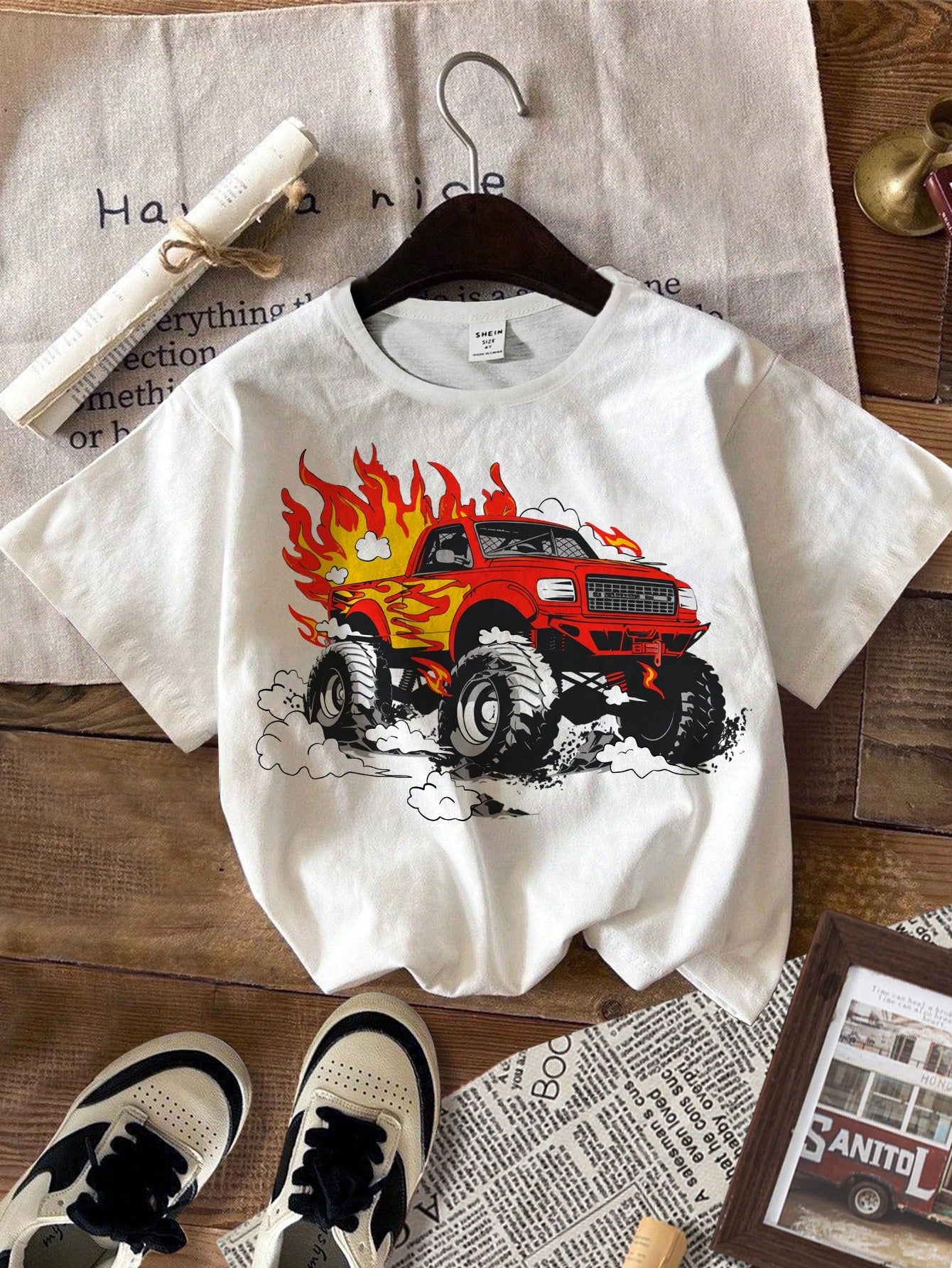 Fire Monster Track & Young Boy Casual Simple Cartoon Car Pattern Short Sleeve T-Shirt, Suitable For Summer