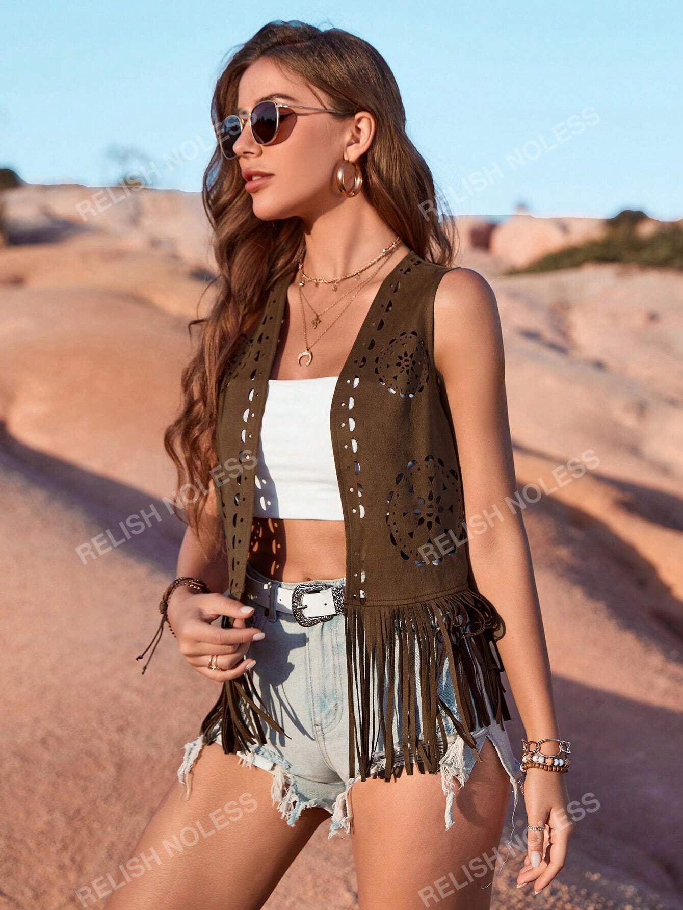 RELISH NOLESS Vacation Style Faux Suede Fringe Hem Vest Jacket