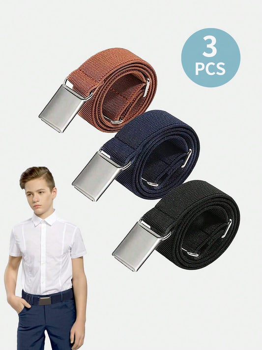 3 Pieces (10-16Years)Boy Kids Buckle Belt - Toddler Adjustable Elastic Child Silver Buckle Belts