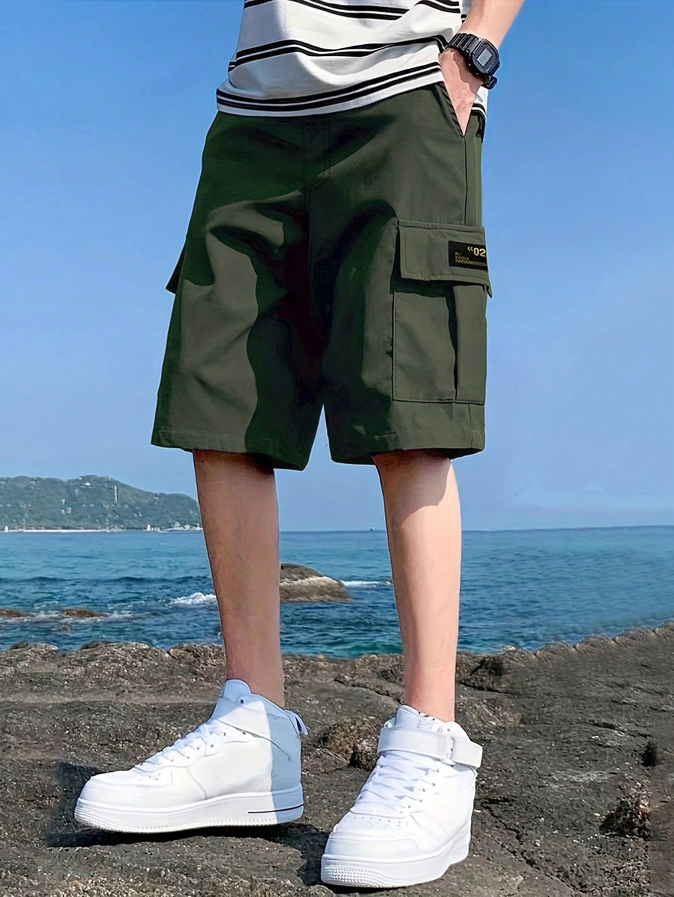 1pc Tween Boy Casual Sports Outdoor Pocket Fashion English Letter Heat Transfer Patch Cargo Shorts, Spring And Autumn