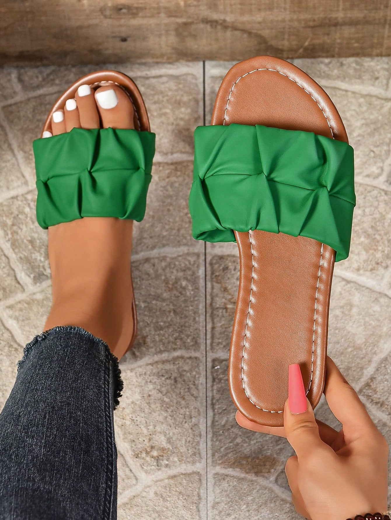 Women Fashion Square Toe Pleated Slippers Flat Casual Slides