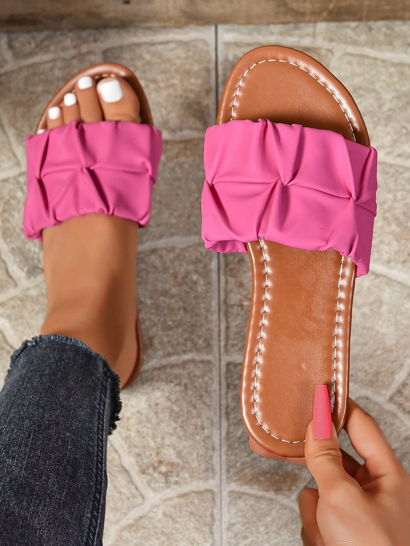 Women Fashion Square Toe Ruched Slippers, Flat Casual Slip-On Hot Pink Sandals