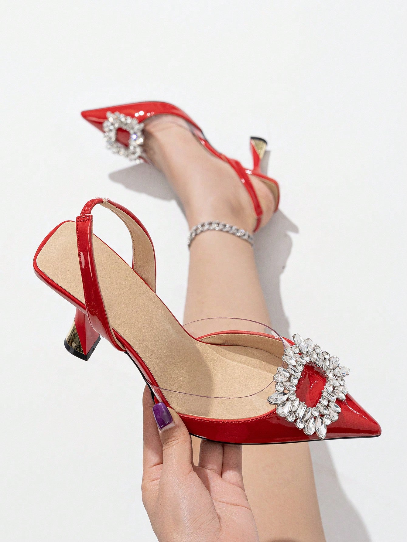 Women's Red PU High Heels With Pointed Toe, Diamond Decoration, Back Strap And Hollow Heels, Elegant Shoes For Parties And Outdoor Events In Spring/Summer