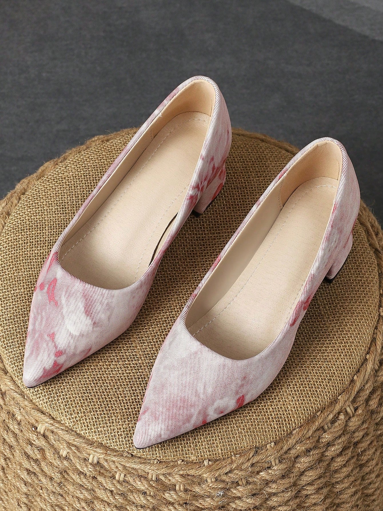 Women's Pointed Toe Red Stone Pattern 4cm Heels, Thick Green Pumps, Autumn Navy Blue Shallow Mouth High-End Casual Shoes