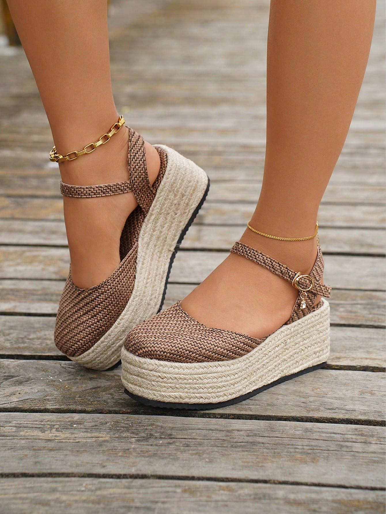 Women's Brown Thick-Soled Woven Upper, Jute Bottom, Closed Toe, Hollow Out, Back T-Strap Buckle Sandals. Comfortable Height-Increasing Casual Shoes With Waterproof Platform. Plus Size Women's Shoes.