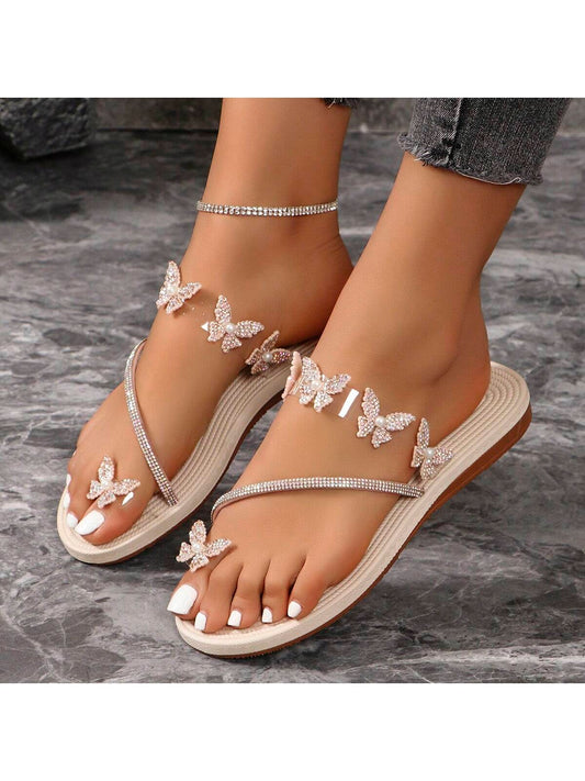 2024 New Style INS Korean Version Bowknot Flat Sandals For Women, Crystal Decor Clip Toe Slippers, Fairy Style